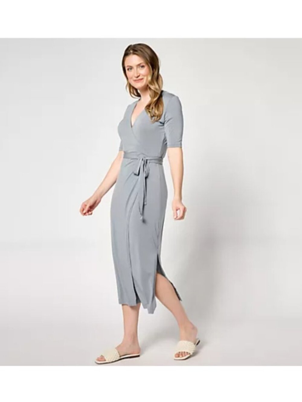 Barefoot Dreams Luxe Dress Milk Wrap S Jersey 3/4 Sleeve Waterloo Gray A646191